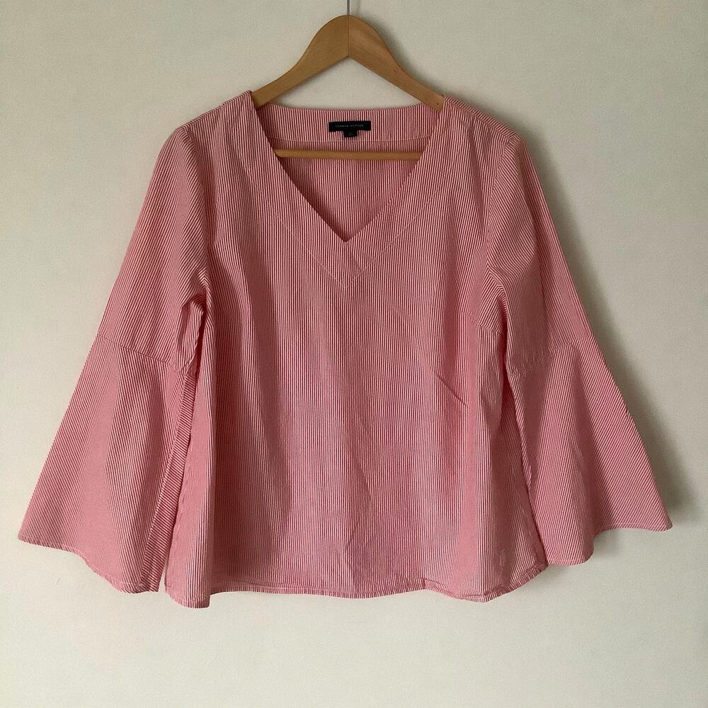 Tommy Hilfiger Womens Cotton Striped Long Wide Bell Sleeved VNeck Top Sz Medium